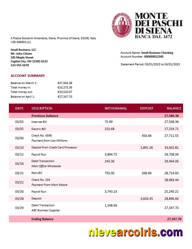 Monte dei Paschi di Siena firm account statement